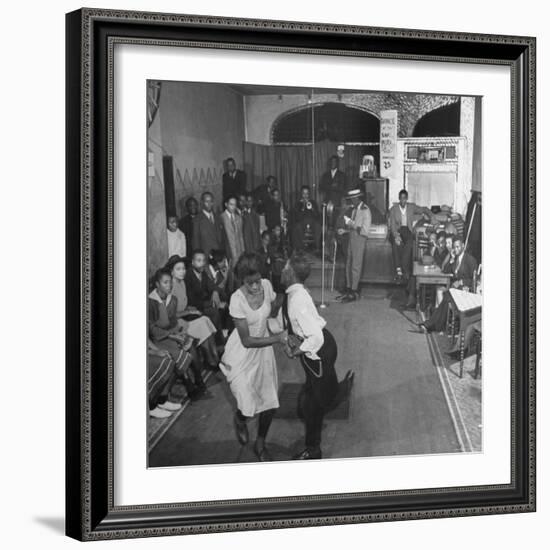 Young Black Couple Dancing Like Mad in the Center of Dance Floor at the Savoy Hotel-Eric Schaal-Framed Photographic Print