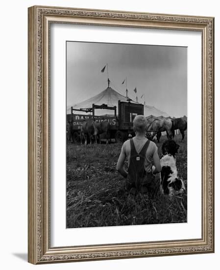 Young Boy and His Dog Watching the Circus Tents Being Set Up-Myron Davis-Framed Photographic Print