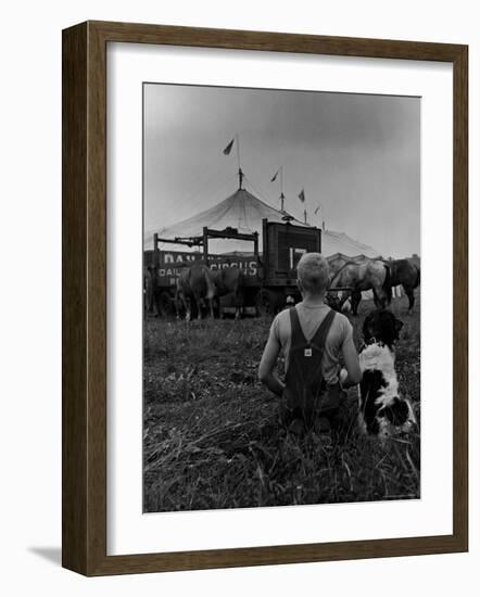 Young Boy and His Dog Watching the Circus Tents Being Set Up-Myron Davis-Framed Photographic Print