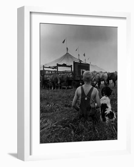 Young Boy and His Dog Watching the Circus Tents Being Set Up-Myron Davis-Framed Photographic Print