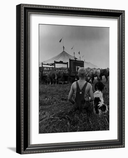 Young Boy and His Dog Watching the Circus Tents Being Set Up-Myron Davis-Framed Photographic Print