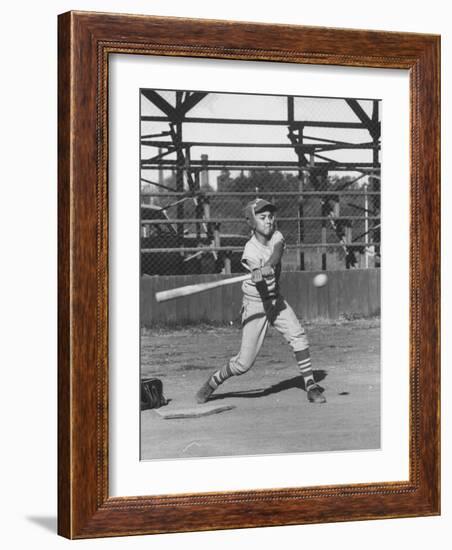 Young Boy Batting in Little League During Game-null-Framed Photographic Print