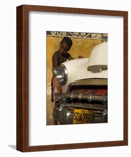 Young Boy Drumming on Old American Car's Bonnet,Trinidad, Sancti Spiritus Province, Cuba-Eitan Simanor-Framed Photographic Print