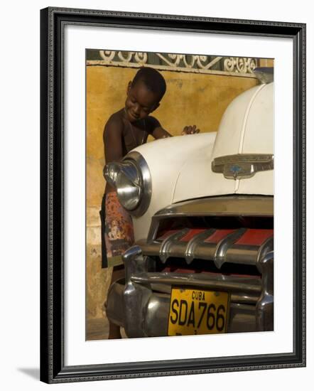 Young Boy Drumming on Old American Car's Bonnet,Trinidad, Sancti Spiritus Province, Cuba-Eitan Simanor-Framed Photographic Print