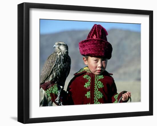 Young Boy Holding a Falcon, Golden Eagle Festival, Mongolia-Amos Nachoum-Framed Photographic Print