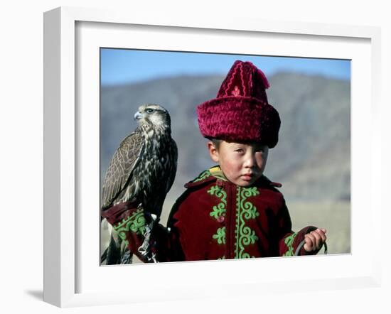 Young Boy Holding a Falcon, Golden Eagle Festival, Mongolia-Amos Nachoum-Framed Photographic Print