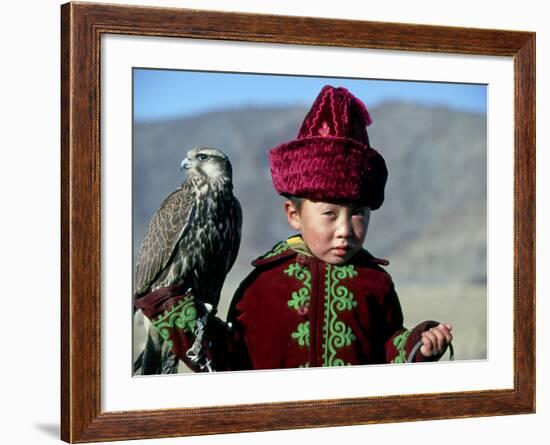 Young Boy Holding a Falcon, Golden Eagle Festival, Mongolia-Amos Nachoum-Framed Photographic Print