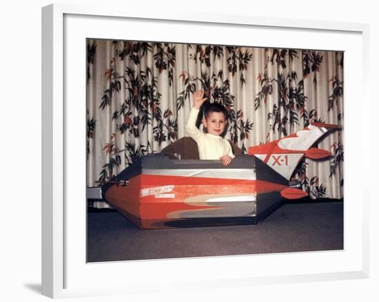 Young Boy Plays in a Cardboard Rocketship, Ca. 1956-null-Framed Photographic Print