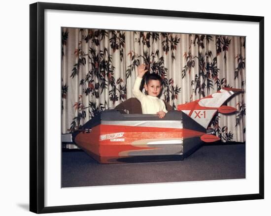 Young Boy Plays in a Cardboard Rocketship, Ca. 1956-null-Framed Photographic Print