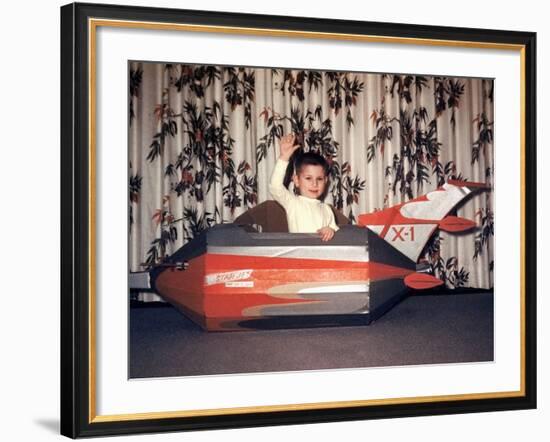 Young Boy Plays in a Cardboard Rocketship, Ca. 1956-null-Framed Photographic Print