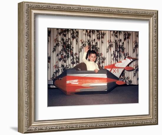 Young Boy Plays in a Cardboard Rocketship, Ca. 1956-null-Framed Photographic Print