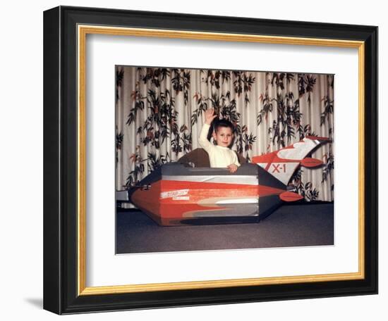 Young Boy Plays in a Cardboard Rocketship, Ca. 1956-null-Framed Photographic Print