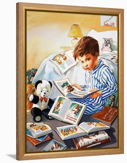 Young Boy Reading Story Books-null-Framed Premier Image Canvas