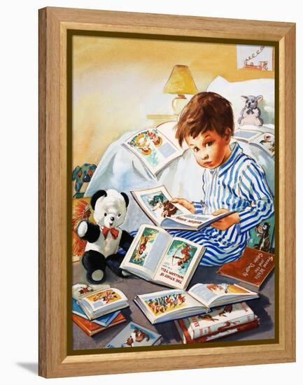 Young Boy Reading Story Books-null-Framed Premier Image Canvas