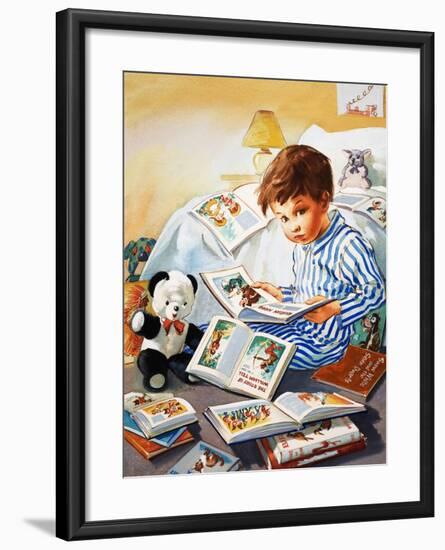 Young Boy Reading Story Books-null-Framed Giclee Print