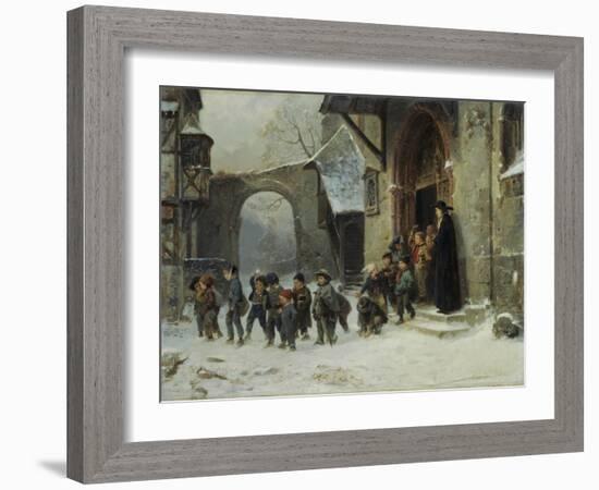 Young Boys Leaving a Church School Building onto a Snow Covered Courtyard, c.1853-Marc Louis Benjamin Vautier-Framed Giclee Print