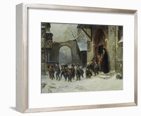 Young Boys Leaving a Church School Building onto a Snow Covered Courtyard, c.1853-Marc Louis Benjamin Vautier-Framed Giclee Print