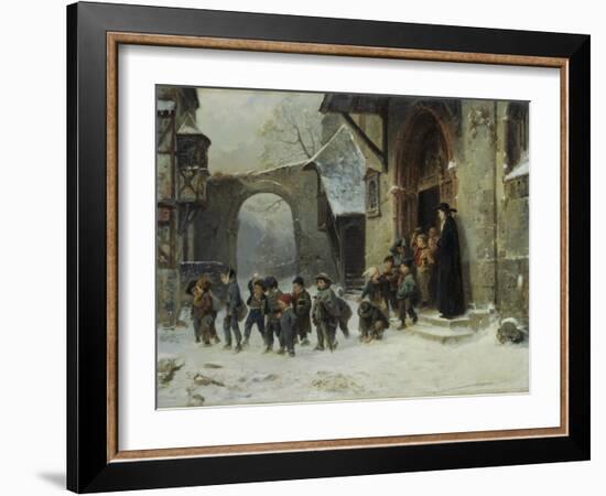 Young Boys Leaving a Church School Building onto a Snow Covered Courtyard, c.1853-Marc Louis Benjamin Vautier-Framed Giclee Print