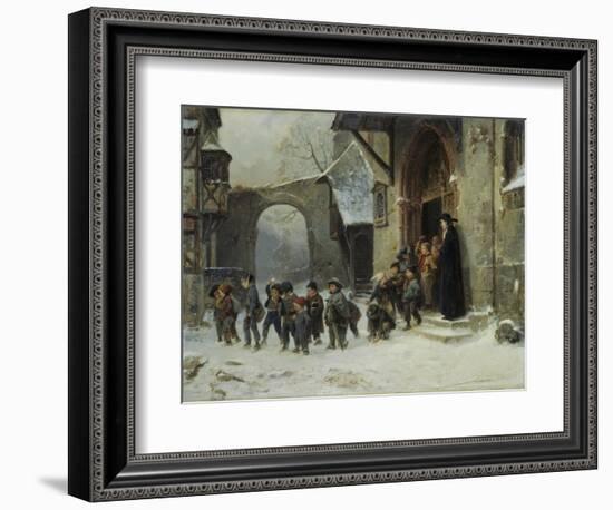 Young Boys Leaving a Church School Building onto a Snow Covered Courtyard, c.1853-Marc Louis Benjamin Vautier-Framed Premium Giclee Print