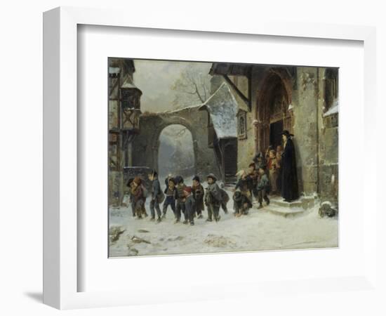 Young Boys Leaving a Church School Building onto a Snow Covered Courtyard, c.1853-Marc Louis Benjamin Vautier-Framed Giclee Print