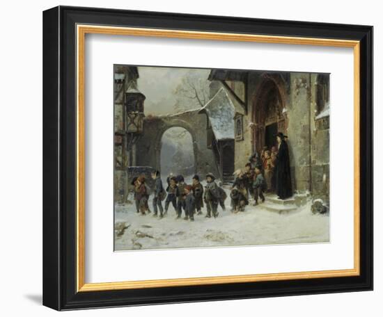 Young Boys Leaving a Church School Building onto a Snow Covered Courtyard, c.1853-Marc Louis Benjamin Vautier-Framed Giclee Print