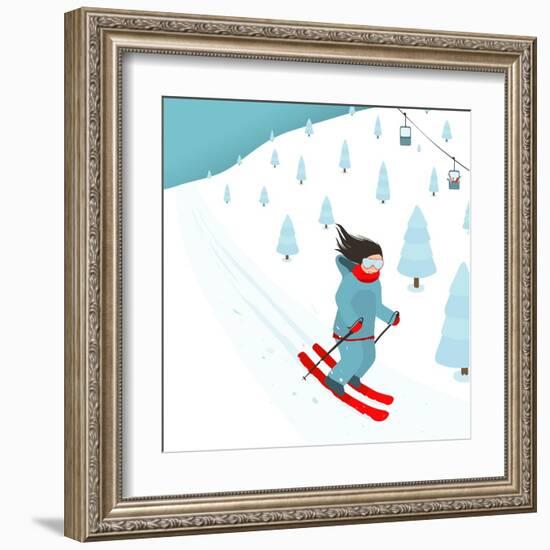 Young Brightly Equipped Girl Slides from Mountain Slope. Happy Woman Skier with Long Black Hair. Ve-Popmarleo-Framed Art Print