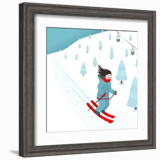 Young Brightly Equipped Girl Slides from Mountain Slope. Happy Woman Skier with Long Black Hair. Ve-Popmarleo-Framed Art Print