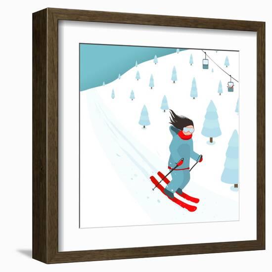 Young Brightly Equipped Girl Slides from Mountain Slope. Happy Woman Skier with Long Black Hair. Ve-Popmarleo-Framed Art Print