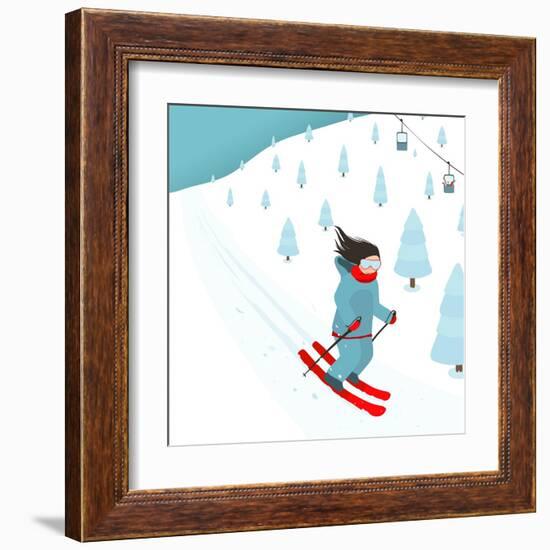 Young Brightly Equipped Girl Slides from Mountain Slope. Happy Woman Skier with Long Black Hair. Ve-Popmarleo-Framed Art Print