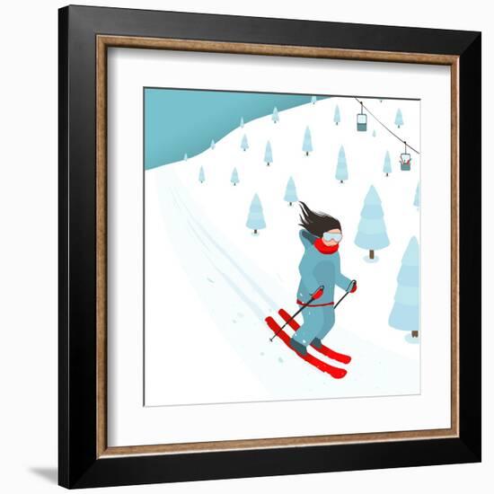 Young Brightly Equipped Girl Slides from Mountain Slope. Happy Woman Skier with Long Black Hair. Ve-Popmarleo-Framed Art Print