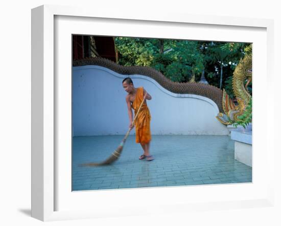 Young Buddhist Monk Sweeps Grounds at Wat Chaimong Khon Along Ping River at Sunset, Thailand-Paul Souders-Framed Photographic Print