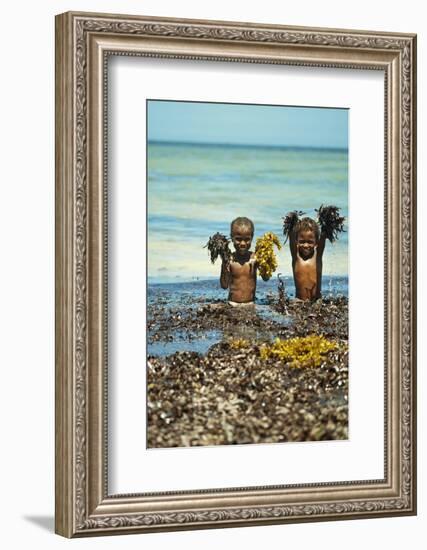 Young Children Playing with Seaweed, Ifaty, Tulear, Madagascar-Anthony Asael-Framed Photographic Print