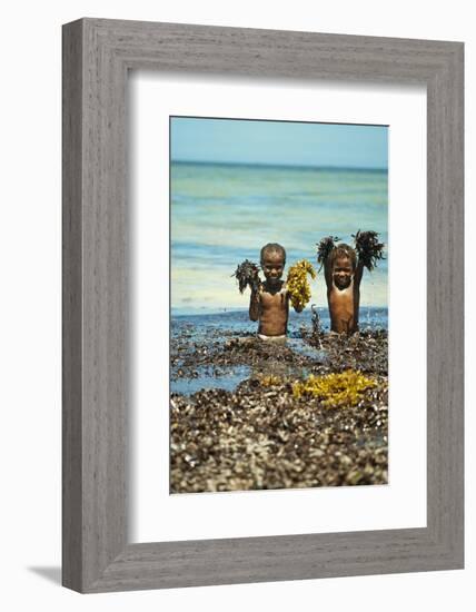 Young Children Playing with Seaweed, Ifaty, Tulear, Madagascar-Anthony Asael-Framed Photographic Print