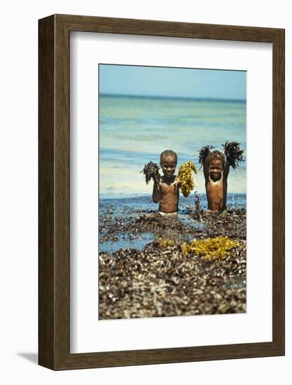 Young Children Playing with Seaweed, Ifaty, Tulear, Madagascar-Anthony Asael-Framed Photographic Print