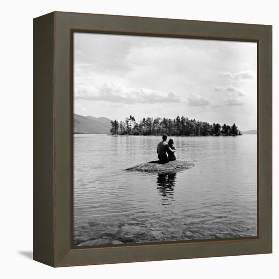 Young Couple Embracing on Small Rock Protruding from the Waters of Lake George-Nina Leen-Framed Premier Image Canvas