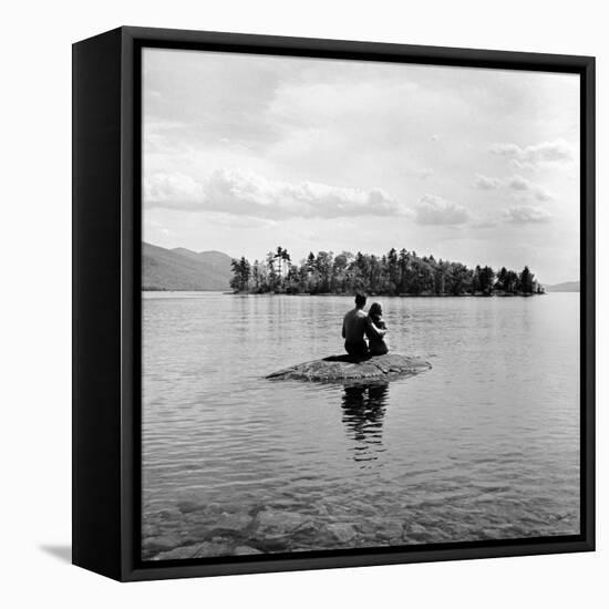 Young Couple Embracing on Small Rock Protruding from the Waters of Lake George-Nina Leen-Framed Premier Image Canvas