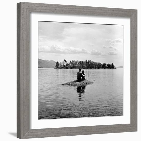 Young Couple Embracing on Small Rock Protruding from the Waters of Lake George-Nina Leen-Framed Photographic Print