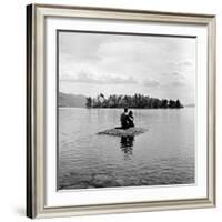 Young Couple Embracing on Small Rock Protruding from the Waters of Lake George-Nina Leen-Framed Photographic Print