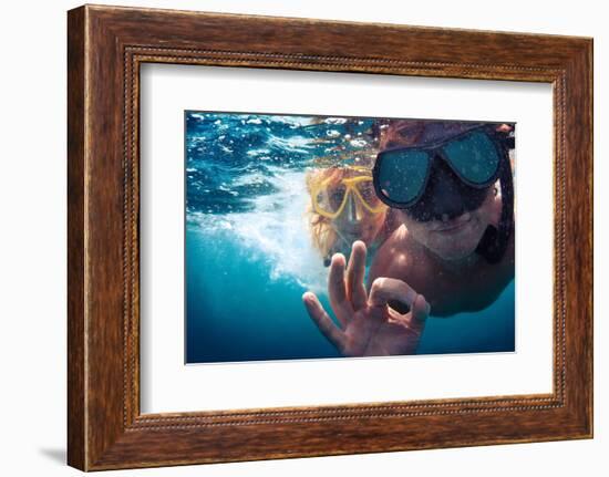 Young Couple Having Fun Underwater and Showing Ok Sign-Dudarev Mikhail-Framed Photographic Print