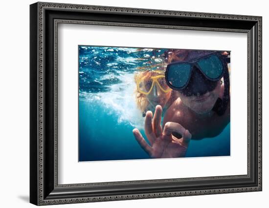 Young Couple Having Fun Underwater and Showing Ok Sign-Dudarev Mikhail-Framed Photographic Print