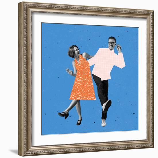 Young Couple of Dancers Dressed in 70S, 80S Fashion Style Dancing Rock-And-Roll on Blue Background-master1305-Framed Photographic Print