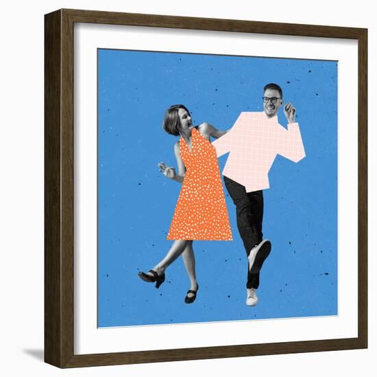 Young Couple of Dancers Dressed in 70S, 80S Fashion Style Dancing Rock-And-Roll on Blue Background-master1305-Framed Photographic Print