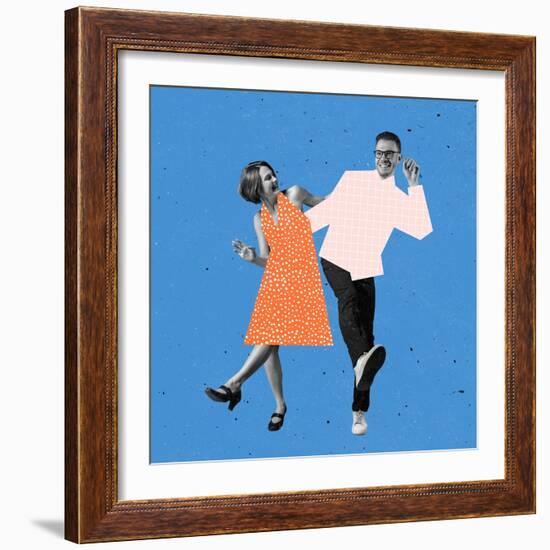 Young Couple of Dancers Dressed in 70S, 80S Fashion Style Dancing Rock-And-Roll on Blue Background-master1305-Framed Photographic Print