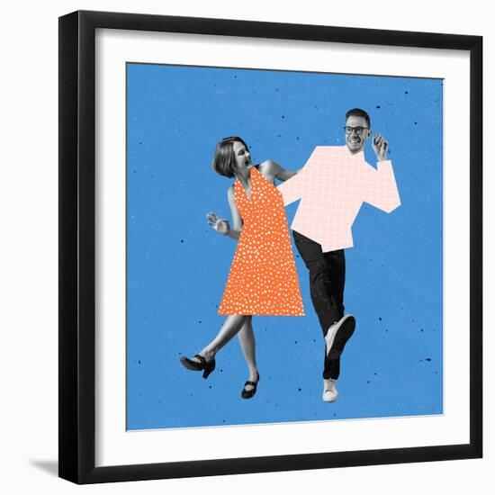 Young Couple of Dancers Dressed in 70S, 80S Fashion Style Dancing Rock-And-Roll on Blue Background-master1305-Framed Photographic Print