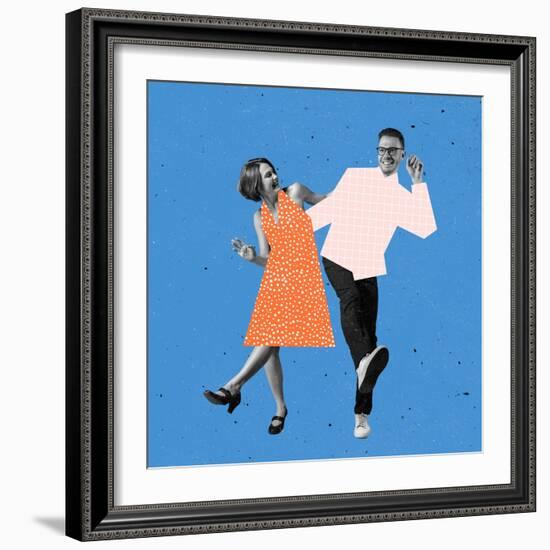 Young Couple of Dancers Dressed in 70S, 80S Fashion Style Dancing Rock-And-Roll on Blue Background-master1305-Framed Photographic Print
