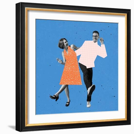 Young Couple of Dancers Dressed in 70S, 80S Fashion Style Dancing Rock-And-Roll on Blue Background-master1305-Framed Photographic Print