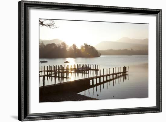 Young Couple on Pier, Sunset, Derwent Water, Cumbria, UK-Peter Adams-Framed Photographic Print