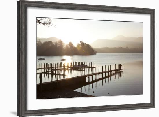 Young Couple on Pier, Sunset, Derwent Water, Cumbria, UK-Peter Adams-Framed Photographic Print