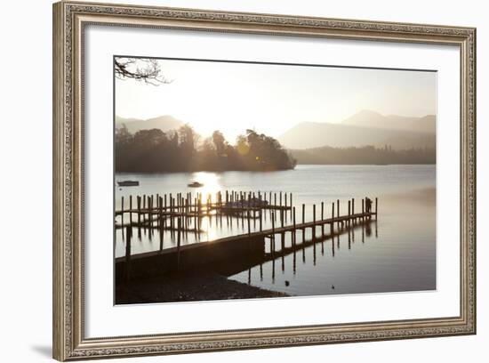 Young Couple on Pier, Sunset, Derwent Water, Cumbria, UK-Peter Adams-Framed Photographic Print