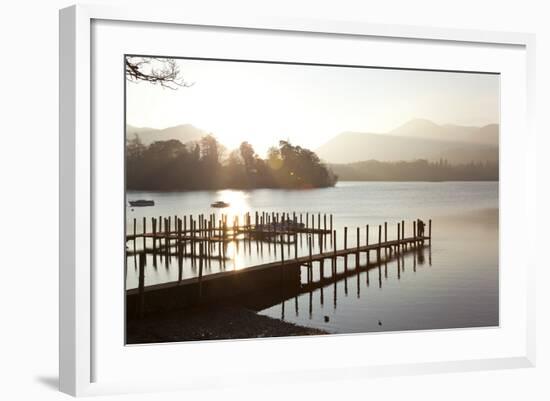 Young Couple on Pier, Sunset, Derwent Water, Cumbria, UK-Peter Adams-Framed Photographic Print